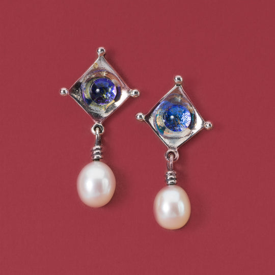 Dichroic/Pearl Earrings by Trollbeads. Earring Studs.